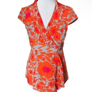Nanette Lepore orange pink & gray silk wrap empire waist Blouse 6